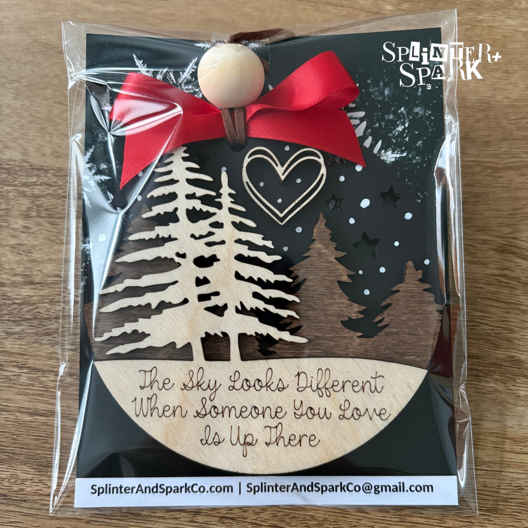 The Sky Looks Different Memorial Tree Ornament - Black Night Sky Wood Backer