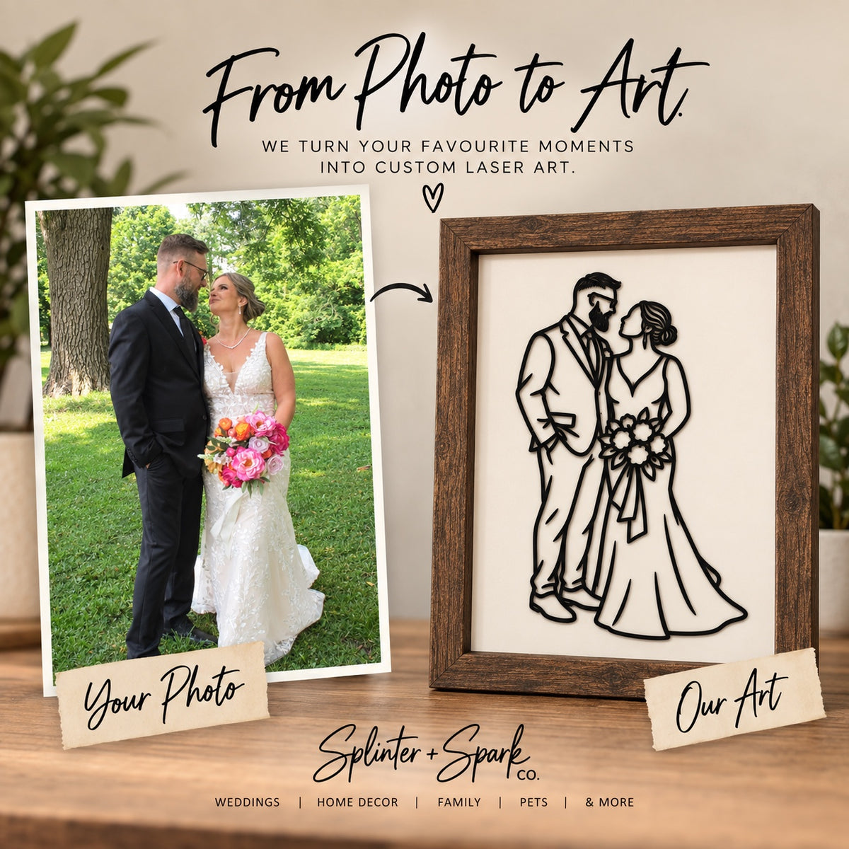The Line + Timber Portrait - Your favourite photo, turned into custom handcrafted art
