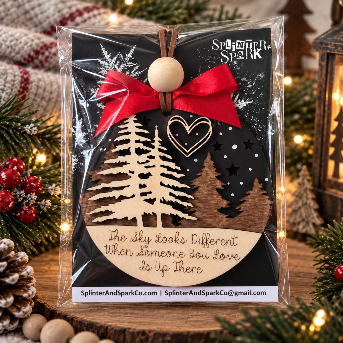 The Sky Looks Different Memorial Tree Ornament - Black Night Sky Wood Backer